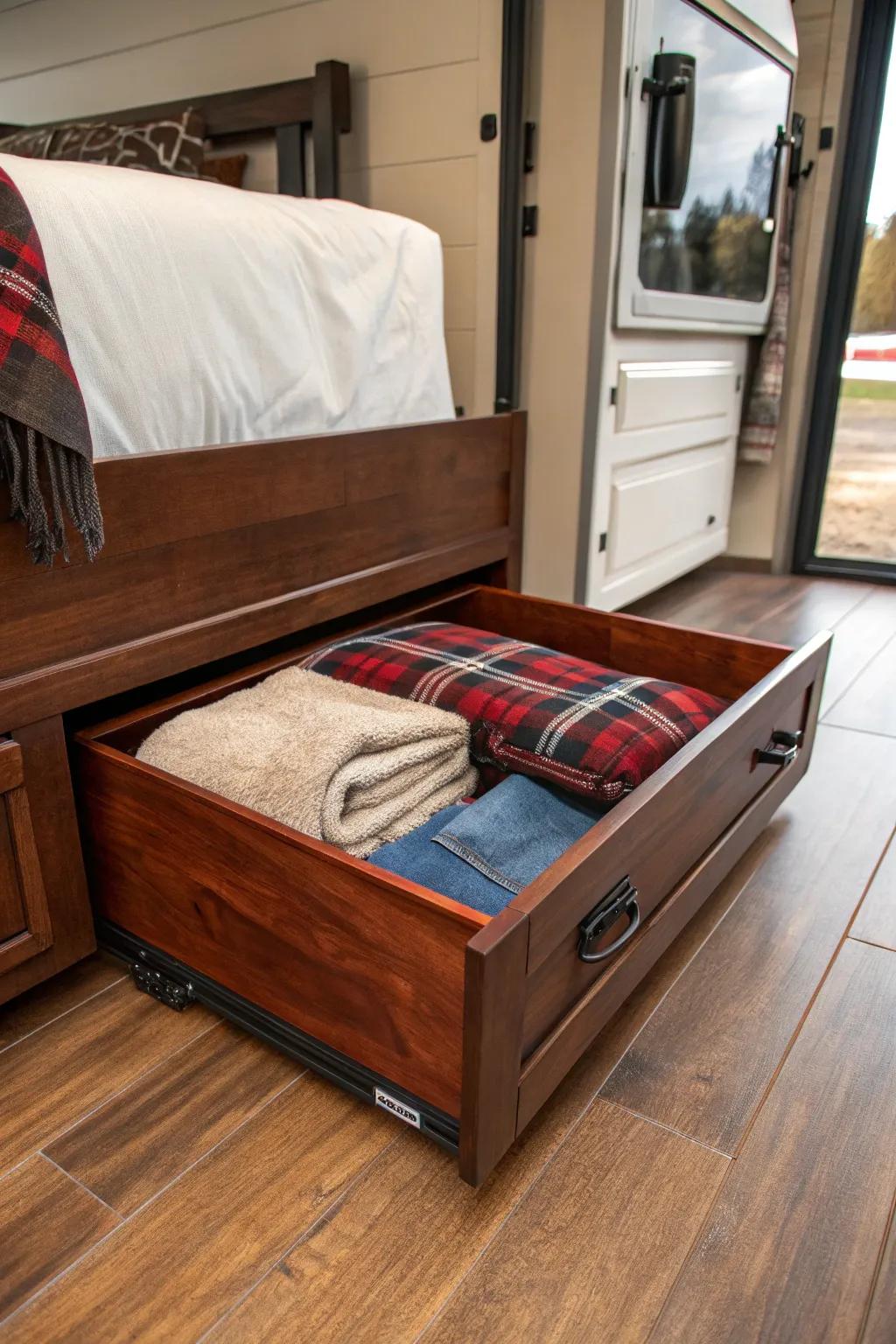 Elevate your RV's efficiency with expertly designed under-bed storage solutions, blending style and functionality seamlessly.