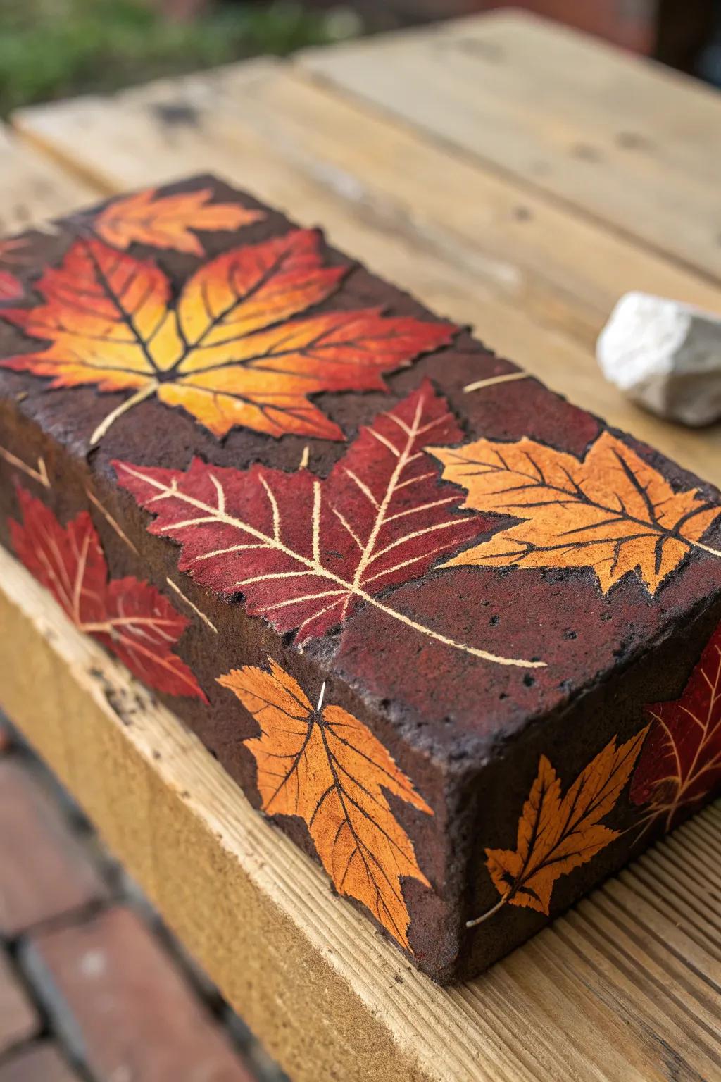 Embrace the artistry of the season with vibrant autumn leaf designs on classic brick.