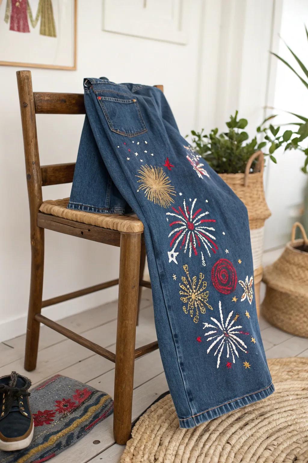 Celebrate in style with these hand-painted fireworks jeans, perfect for marking life's big milestones in a uniquely artistic way.