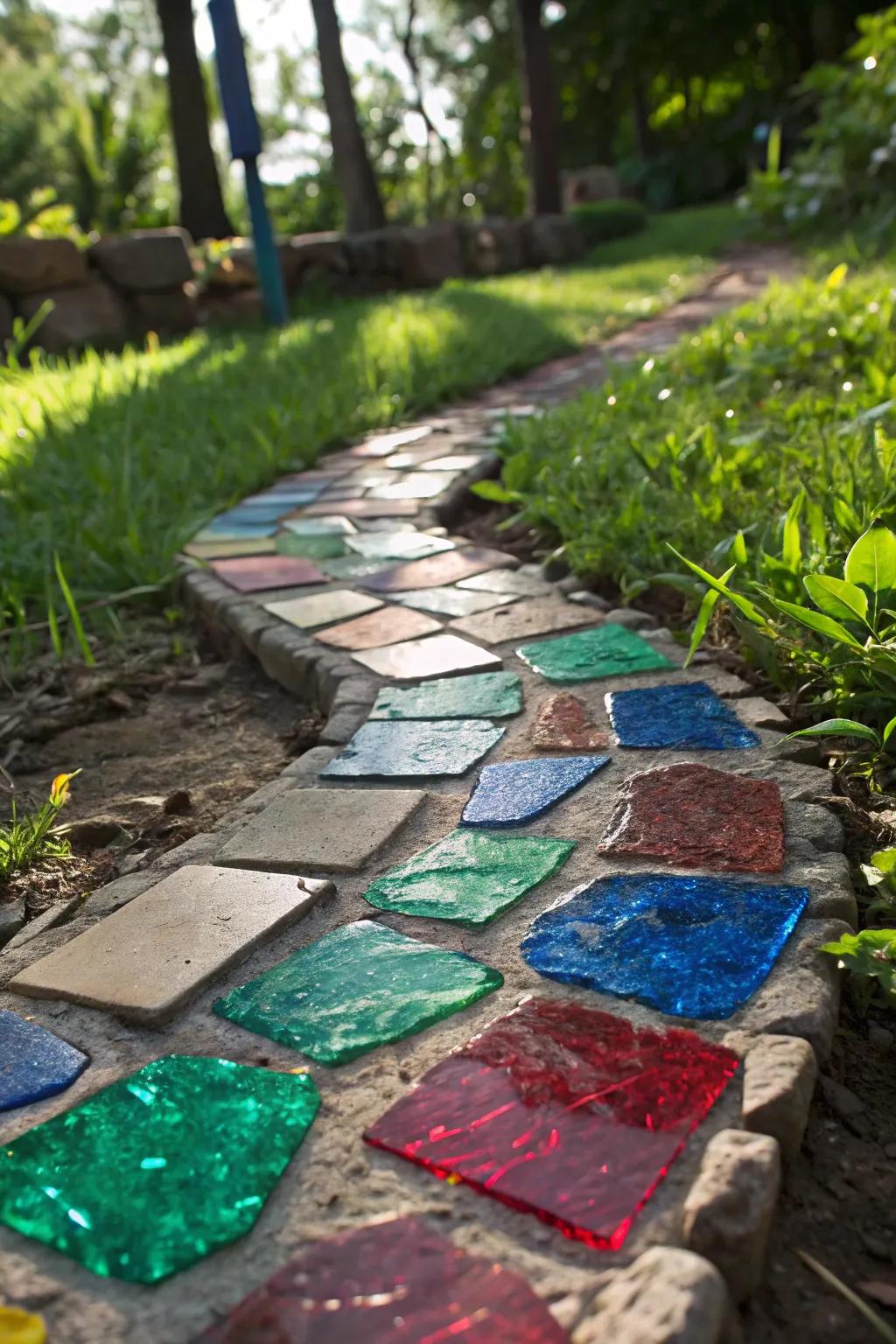 Brighten your garden trail with the eco-conscious elegance of reclaimed glass edging.