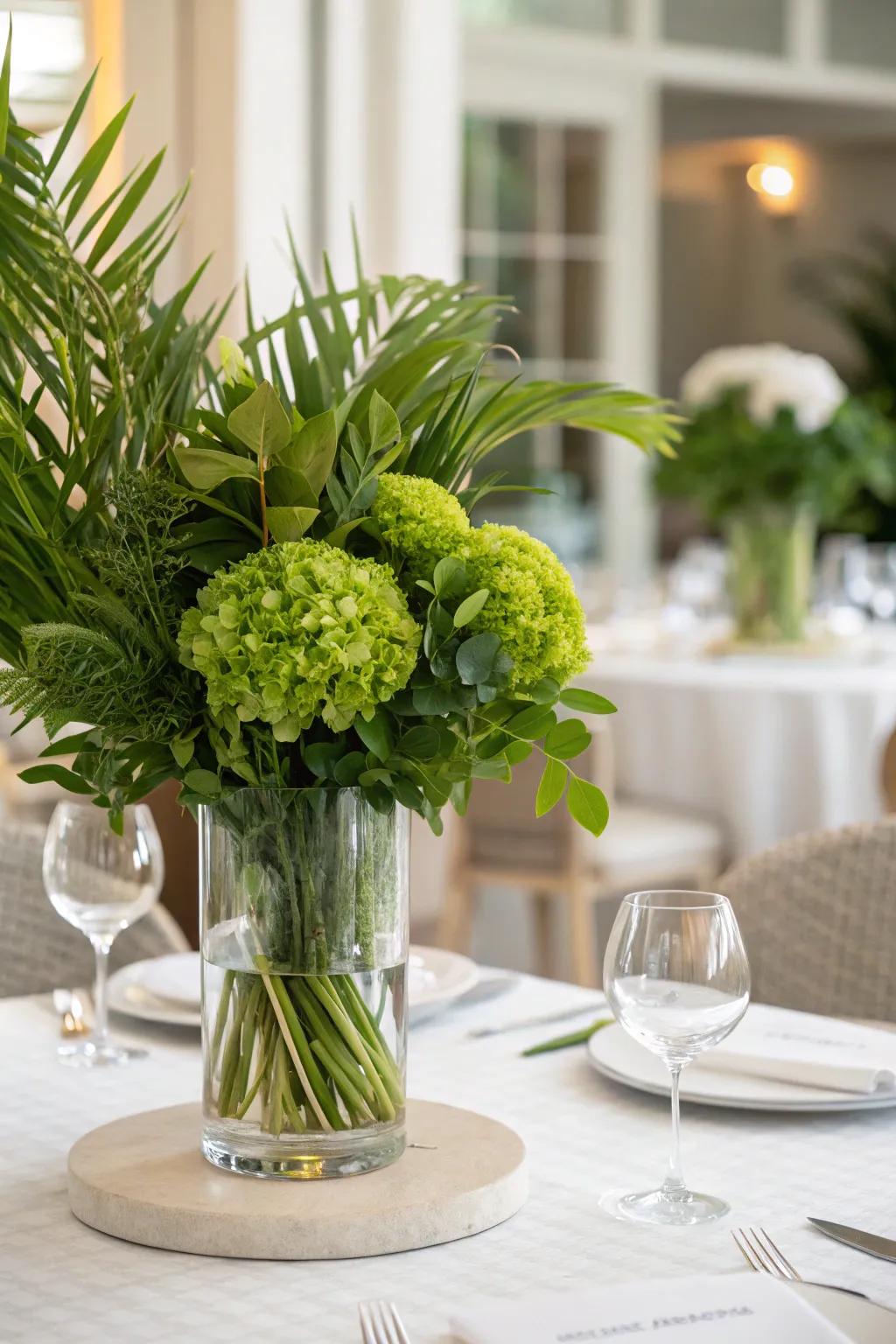 Layers of verdure in crystal vases introduce freshness indoors.