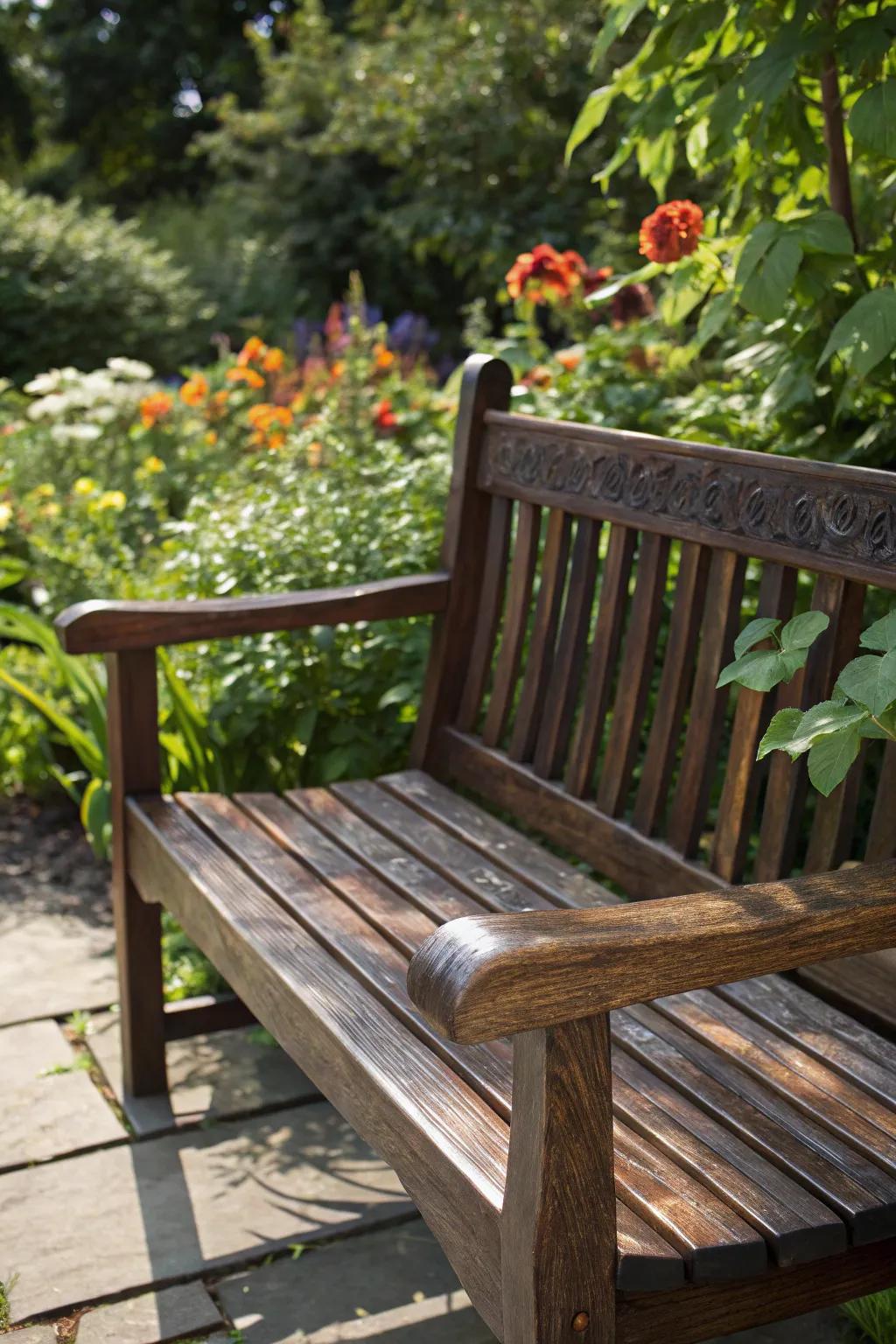 Crafted with vigilance, this garden bench beckons you to repose and savor the vista.