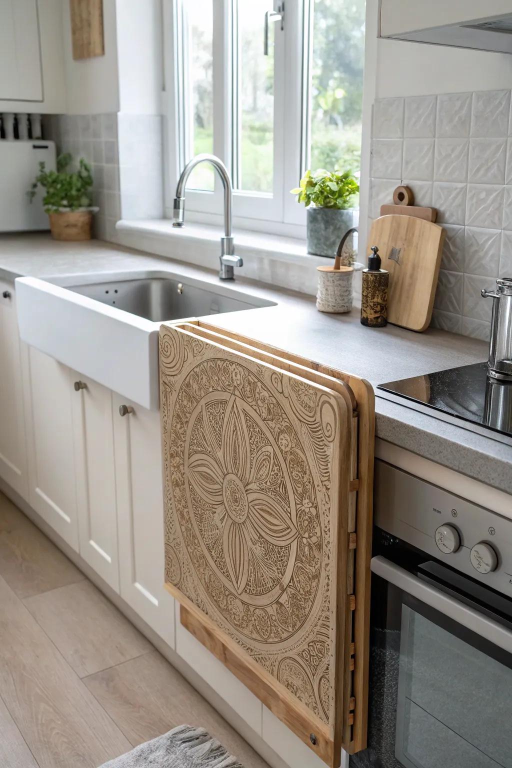 Enhance your kitchen aesthetics with a folding spatter guard that combines minimalist charm and boho elegance.