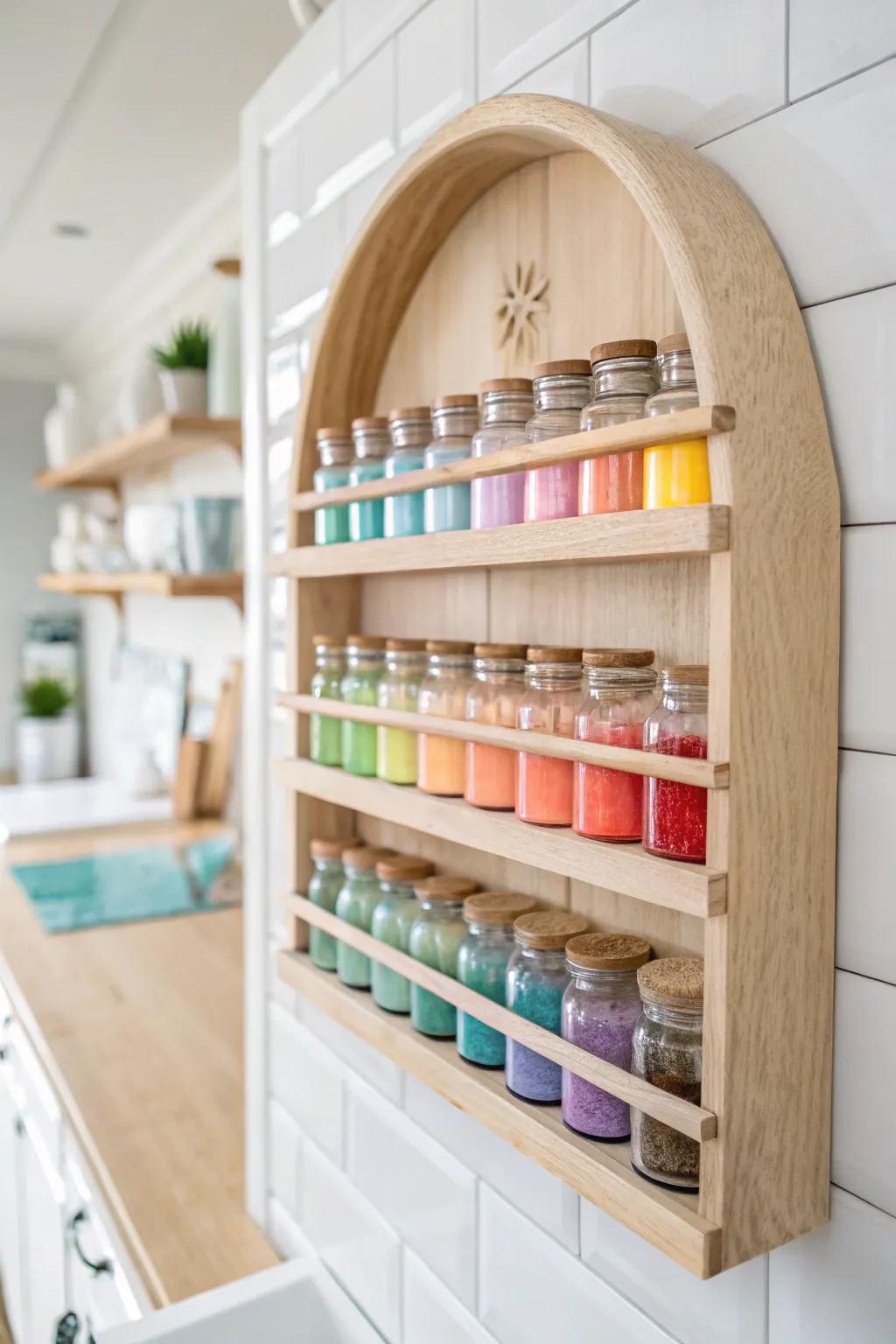 Transform your spice shelf into a charming slime gallery for a fun yet chic display!