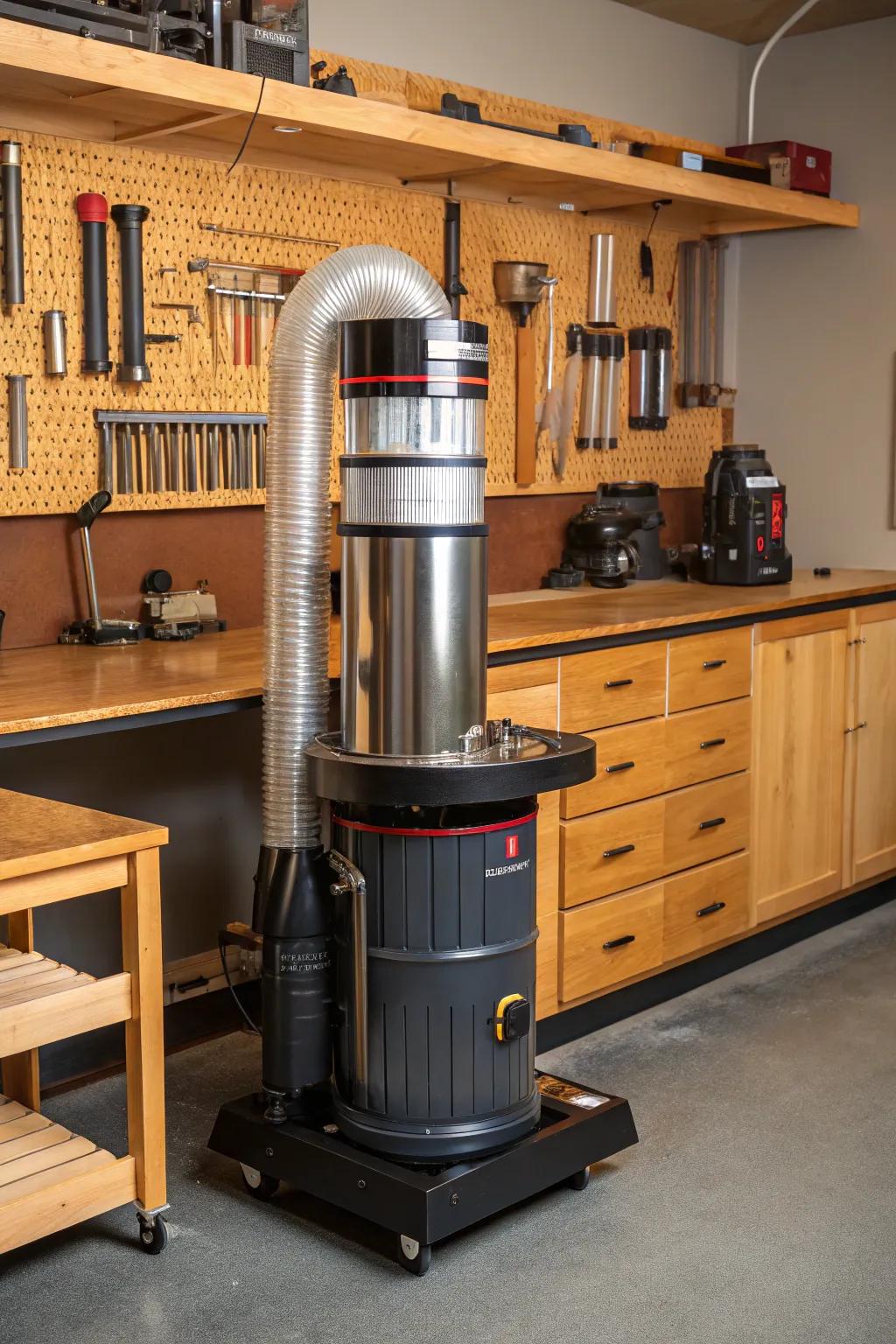 Elevate your wood shop with a compact particle collector that fuses flair with efficiency.