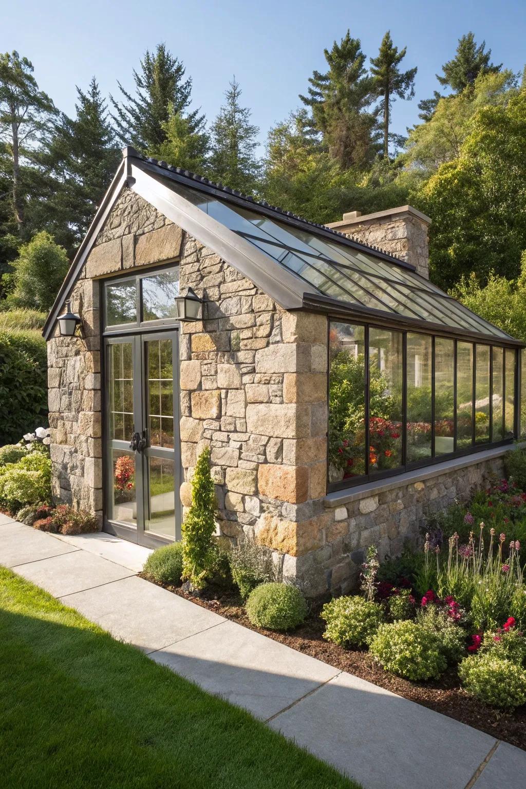 Redesign your garden by means of a breathtaking stone outbuilding and glasshouse combination, a meeting point of artisanship and nature's splendor.