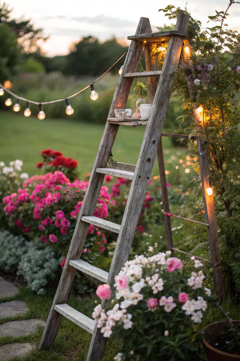 A vintage ladder adds an eccentric touch as a stand for your string lights.