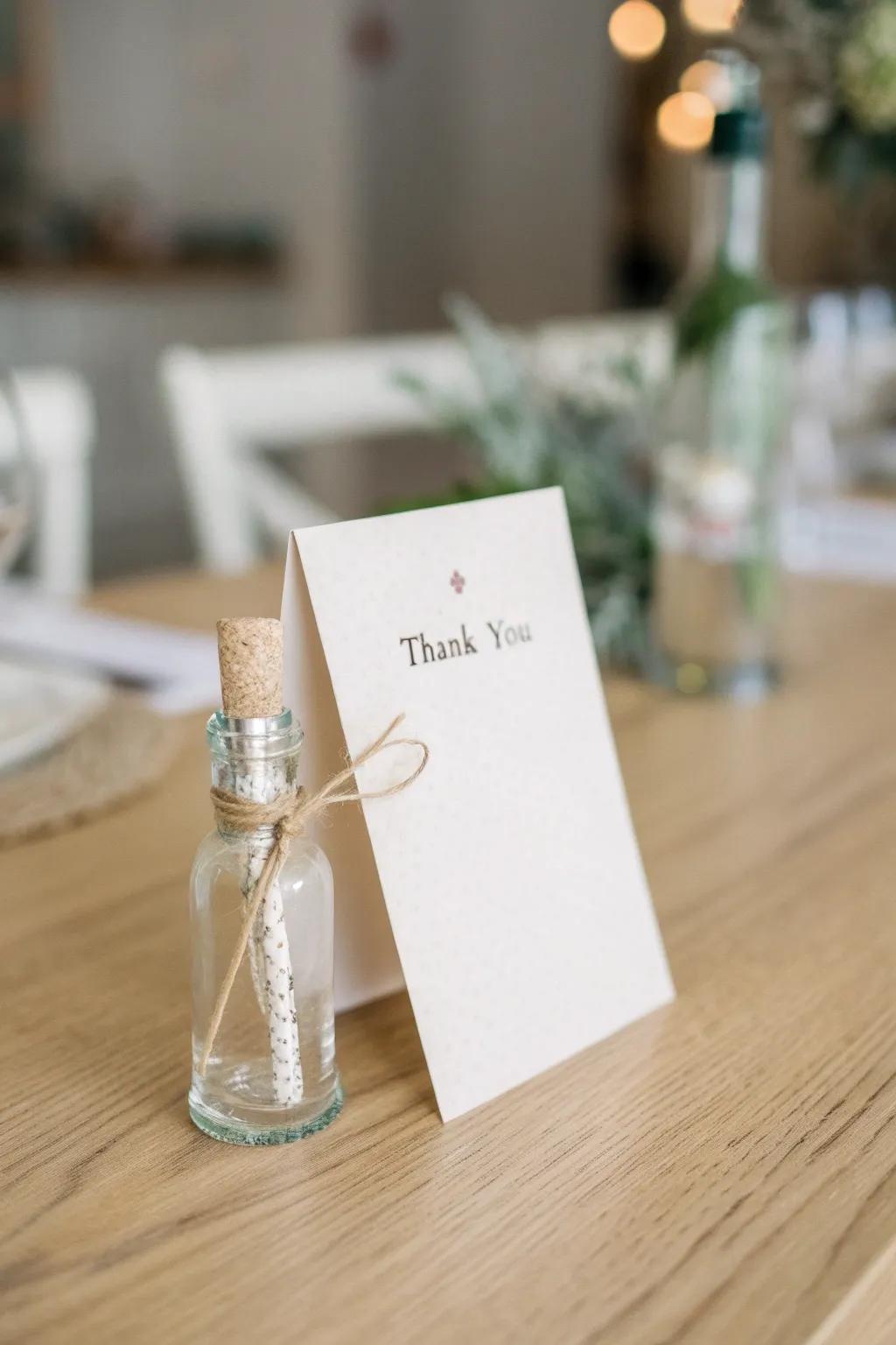A heartfelt message in a miniature vessel—conveying simplicity and elation for teacher recognition.