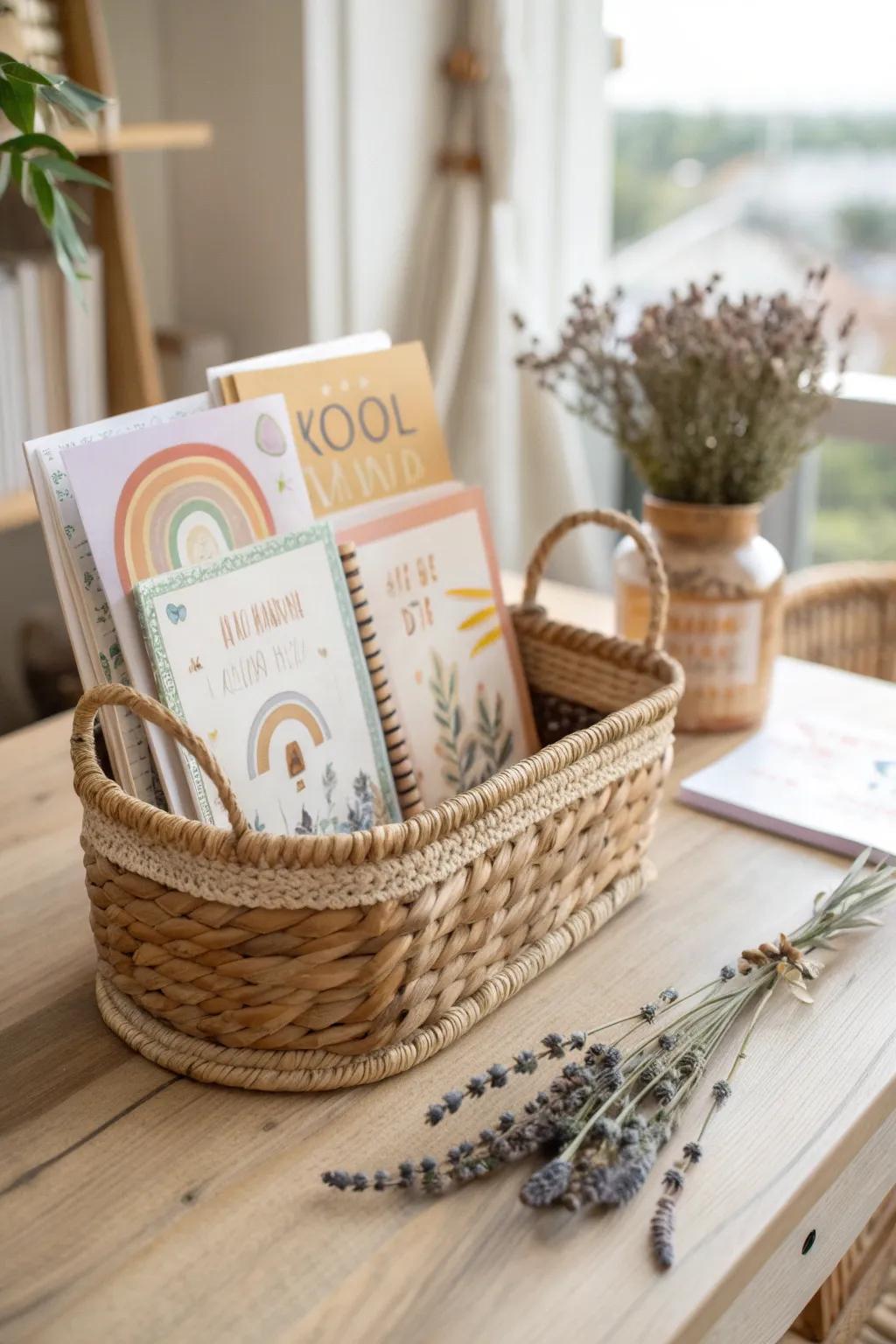 Brighten a teacher's day with a gift basket filled with motivational classroom decorations, mixing minimalist style with boho charm.