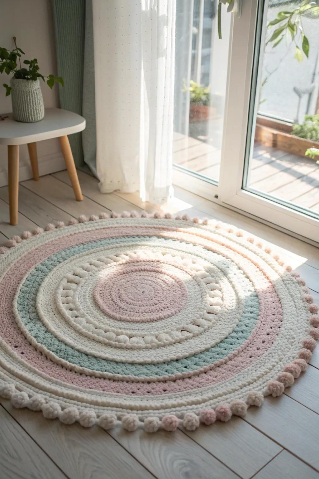 Step into comfort and style with this dreamy soft yarn floor covering, a perfect blend of bohemian allure and minimalist elegance.