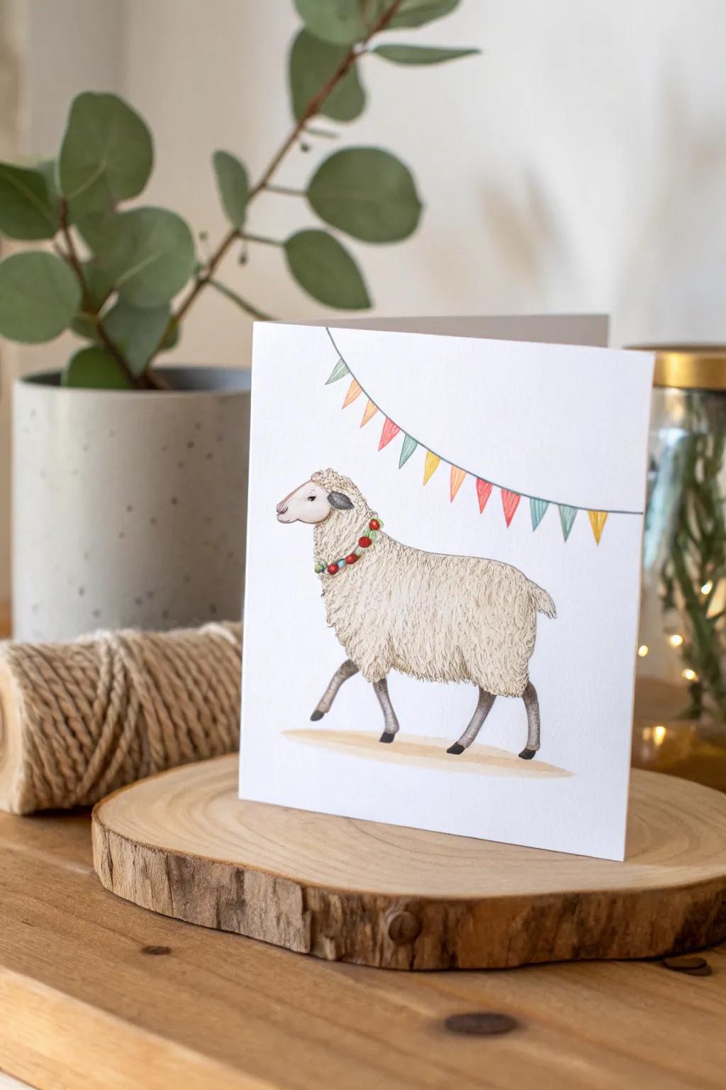 Introduce a hint of whimsy using a prancing sheep, ideal for a charming handmade card.