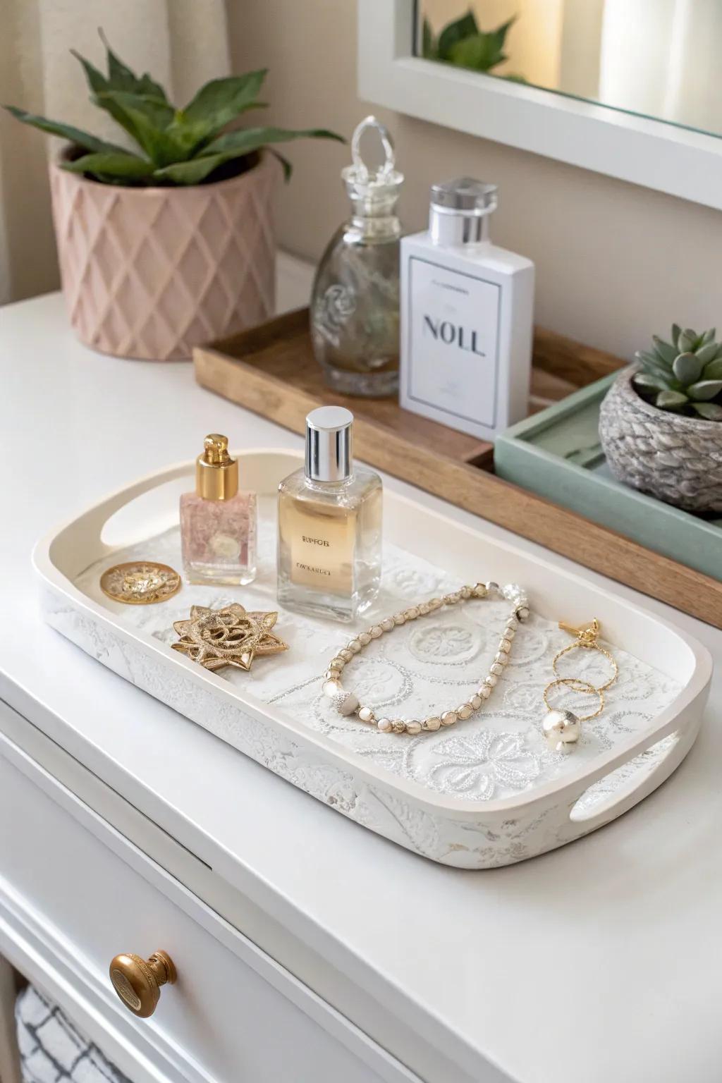 Transform beauty: A thrifted tray becomes a chic vanity centerpiece.