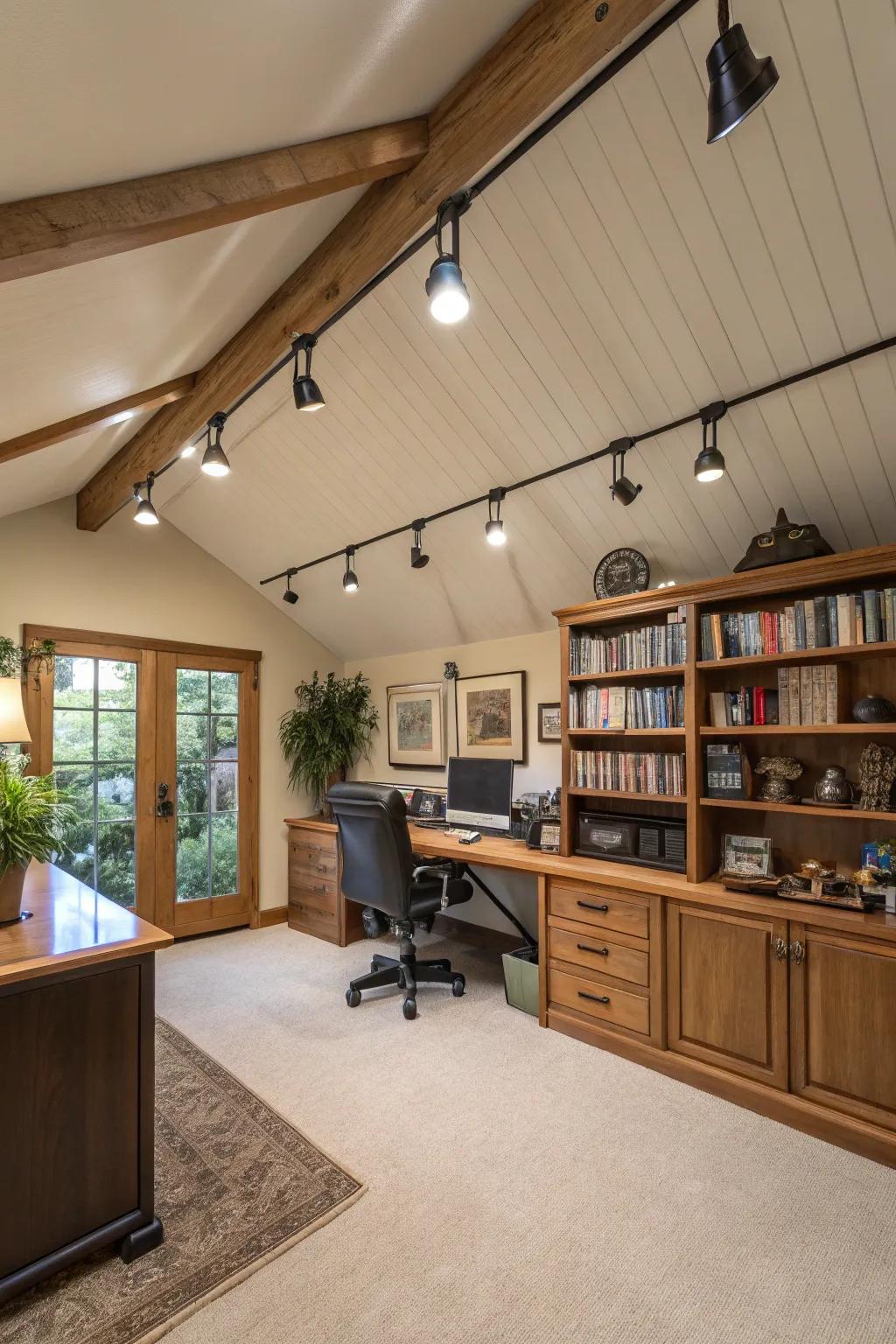 Track lighting furnishes both task and ambient illumination for versatile use.