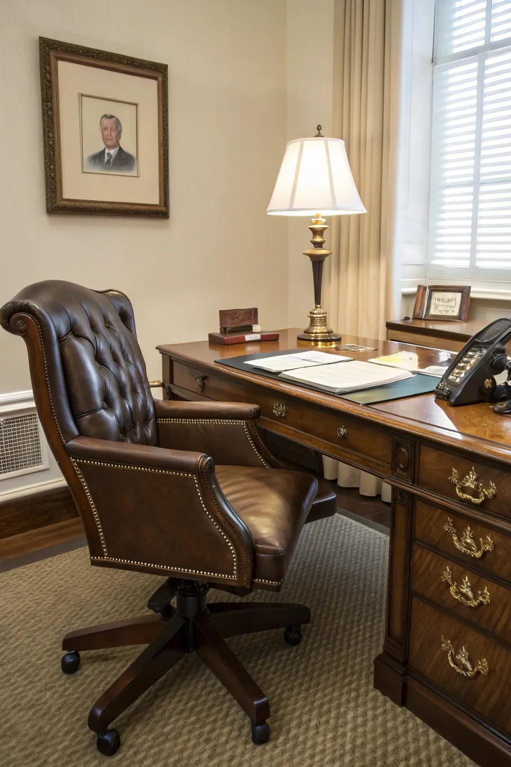A leather seat that unites repose with classic elegance.