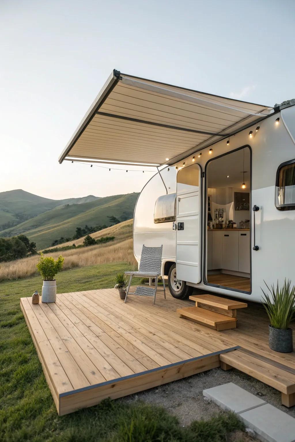 Elevate your RV enjoyment with an expandable terrace paired with a stylish shade—perfect for soaking up sunny afternoons in style and coziness.