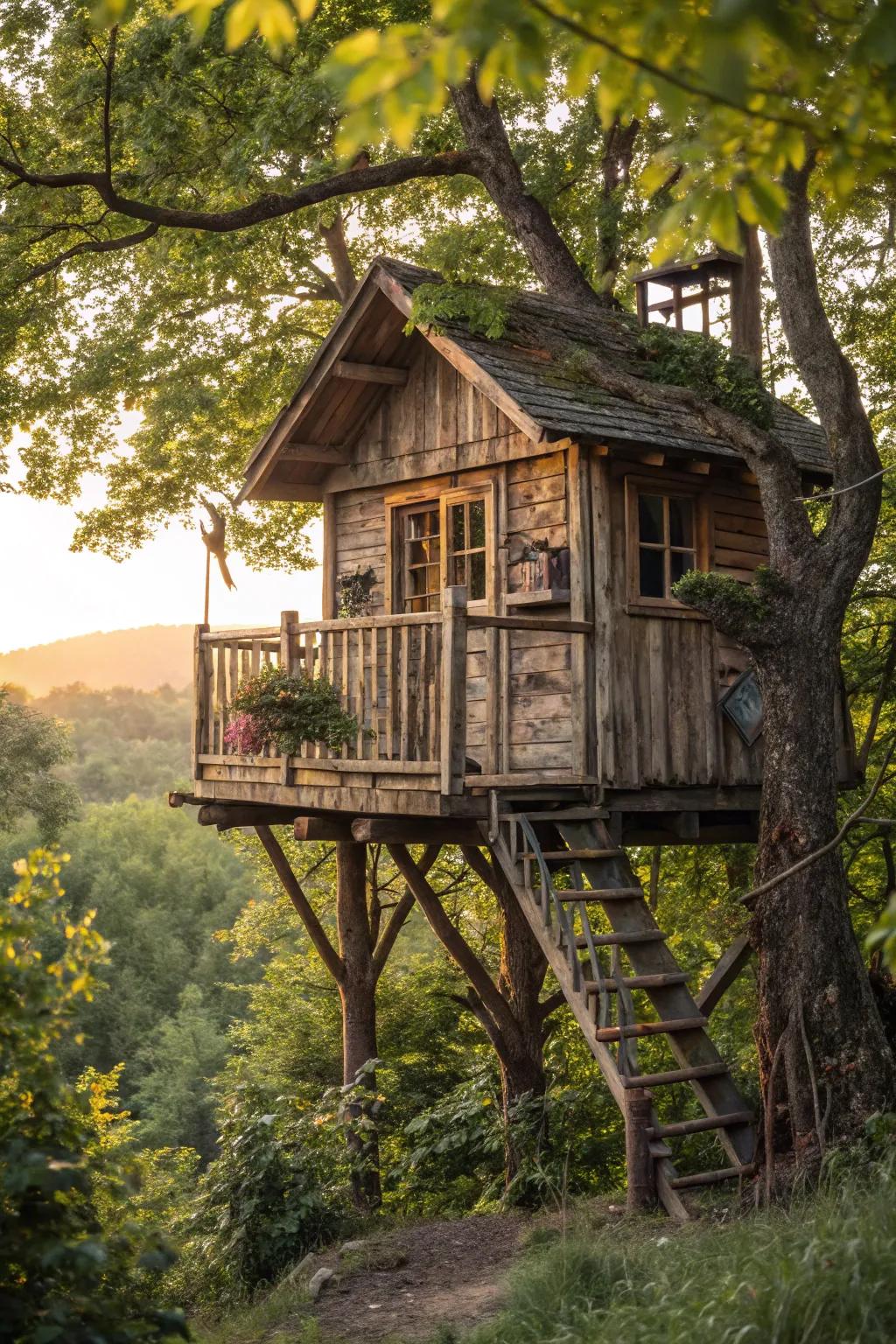 Embrace the allure of a homespun cabin tree house, an inviting getaway for perpetual childhood ventures.