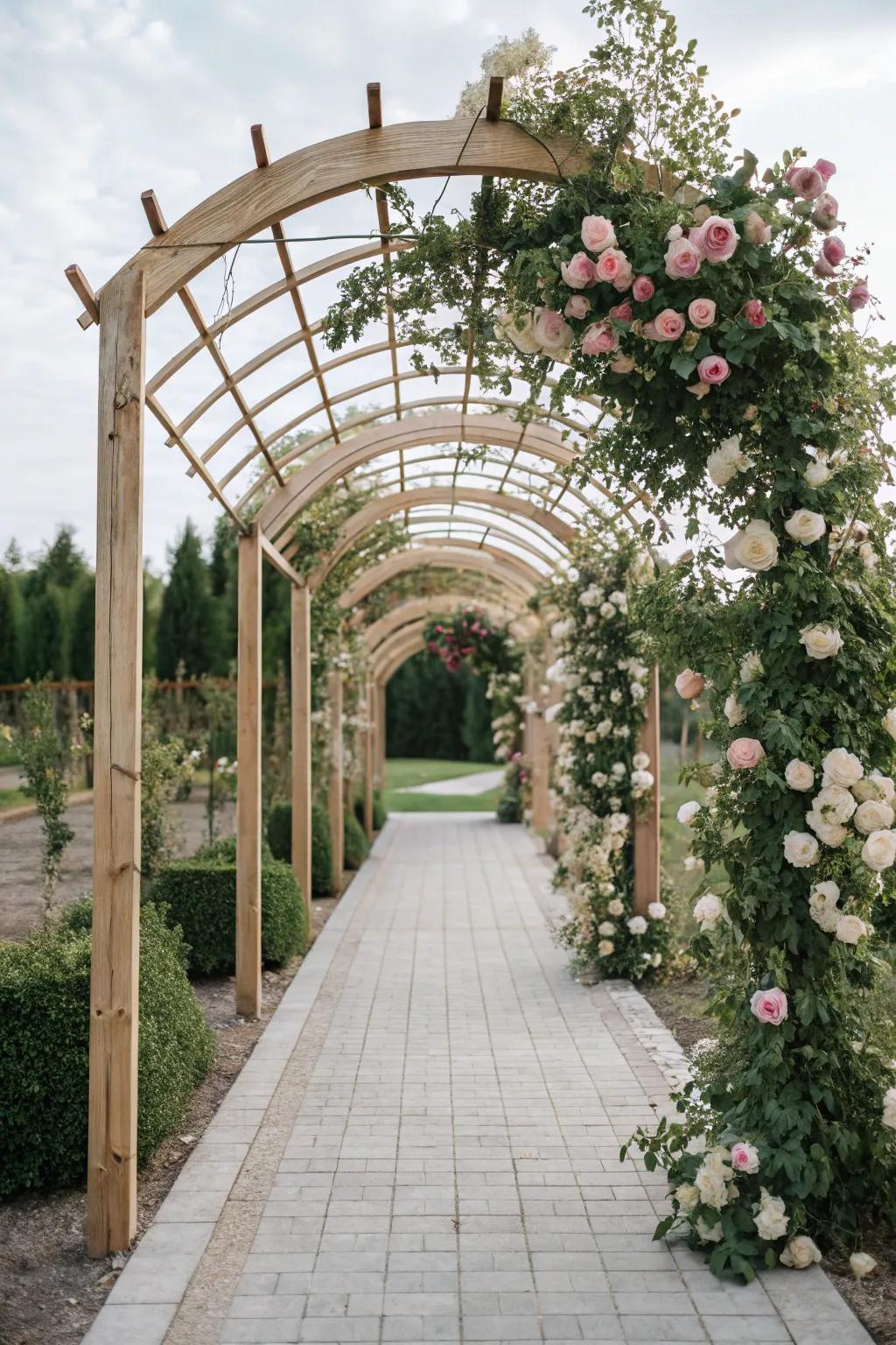 Step into a fairytale with this enchanting arched trellis pathway, where simplicity meets natural elegance.