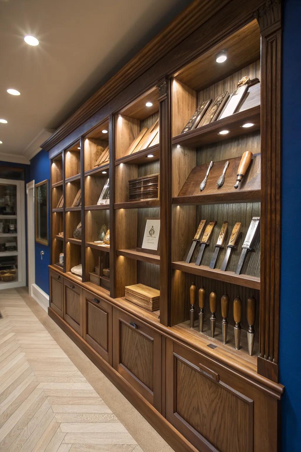 Maximize your space with stunning craftsmanship: floor-to-ceiling tool shelves that make every hand tool a centerpiece.
