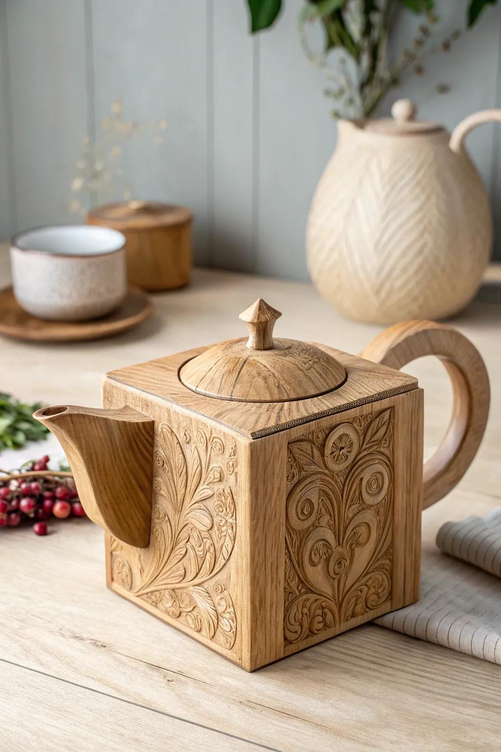 Store tea in style with this charming teapot-shaped timber casing, where artistry meets inventiveness.