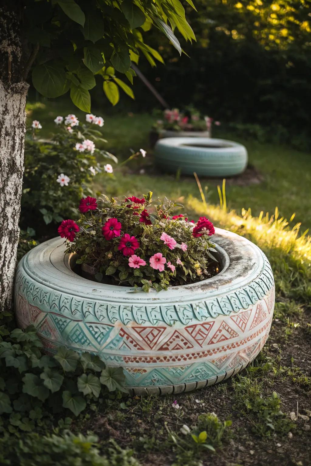 Transform your garden with a dash of artistry: repurposed tire planters that flourish with panache!