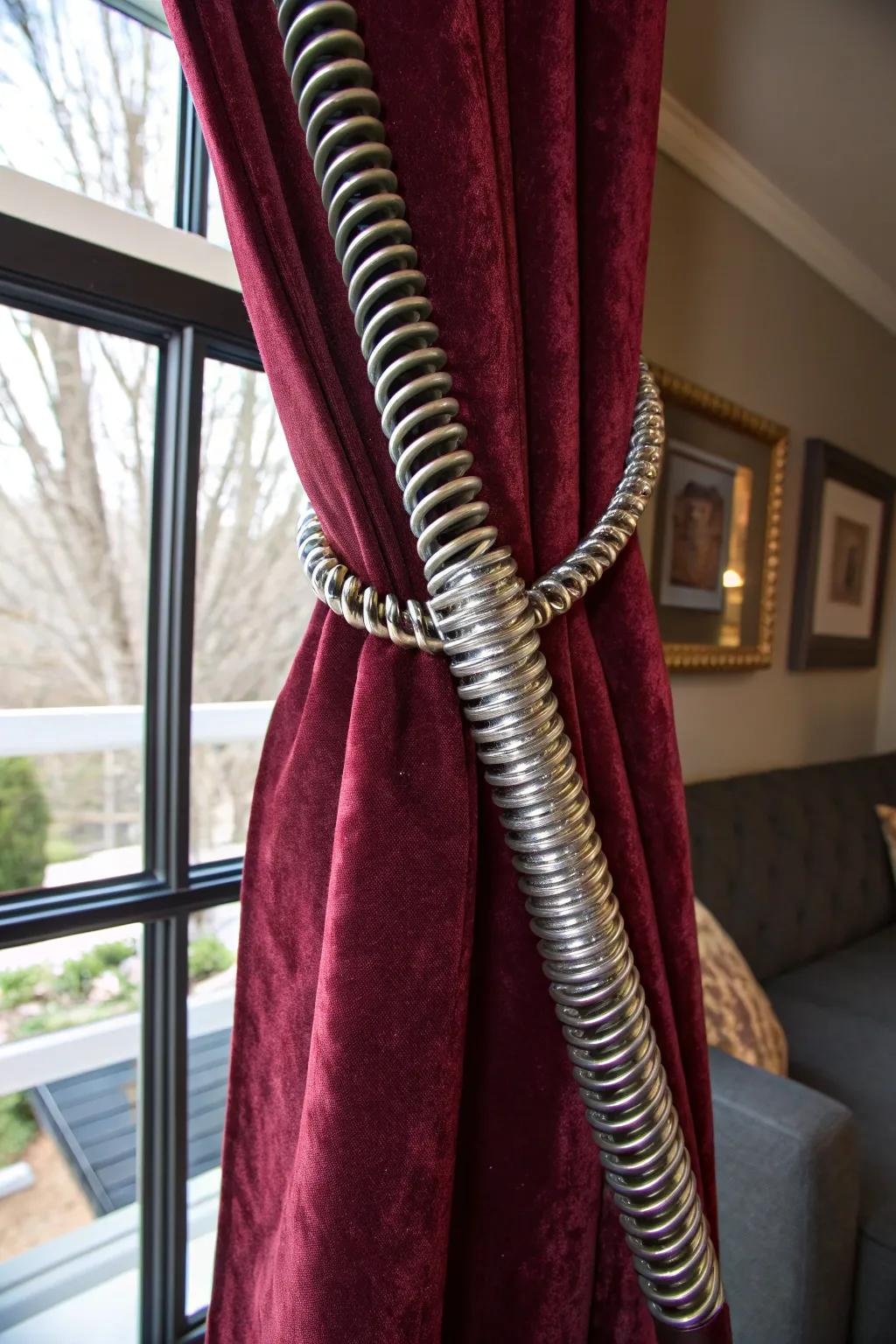 Transform your area through factory chic: repurposed trampoline spring drapery fasteners.