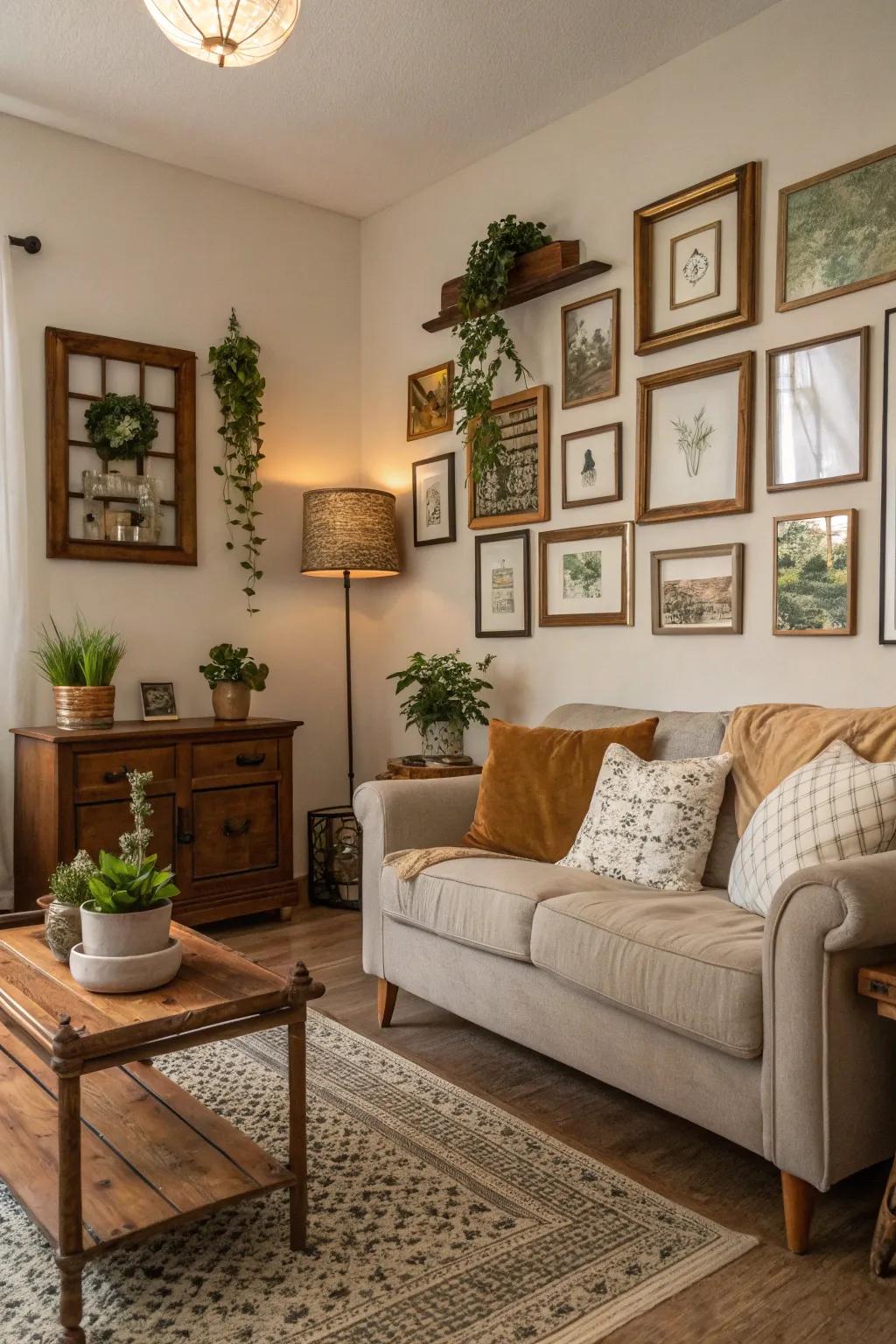 A vintage-inspired living chamber presenting casings converted into charming flora holders.