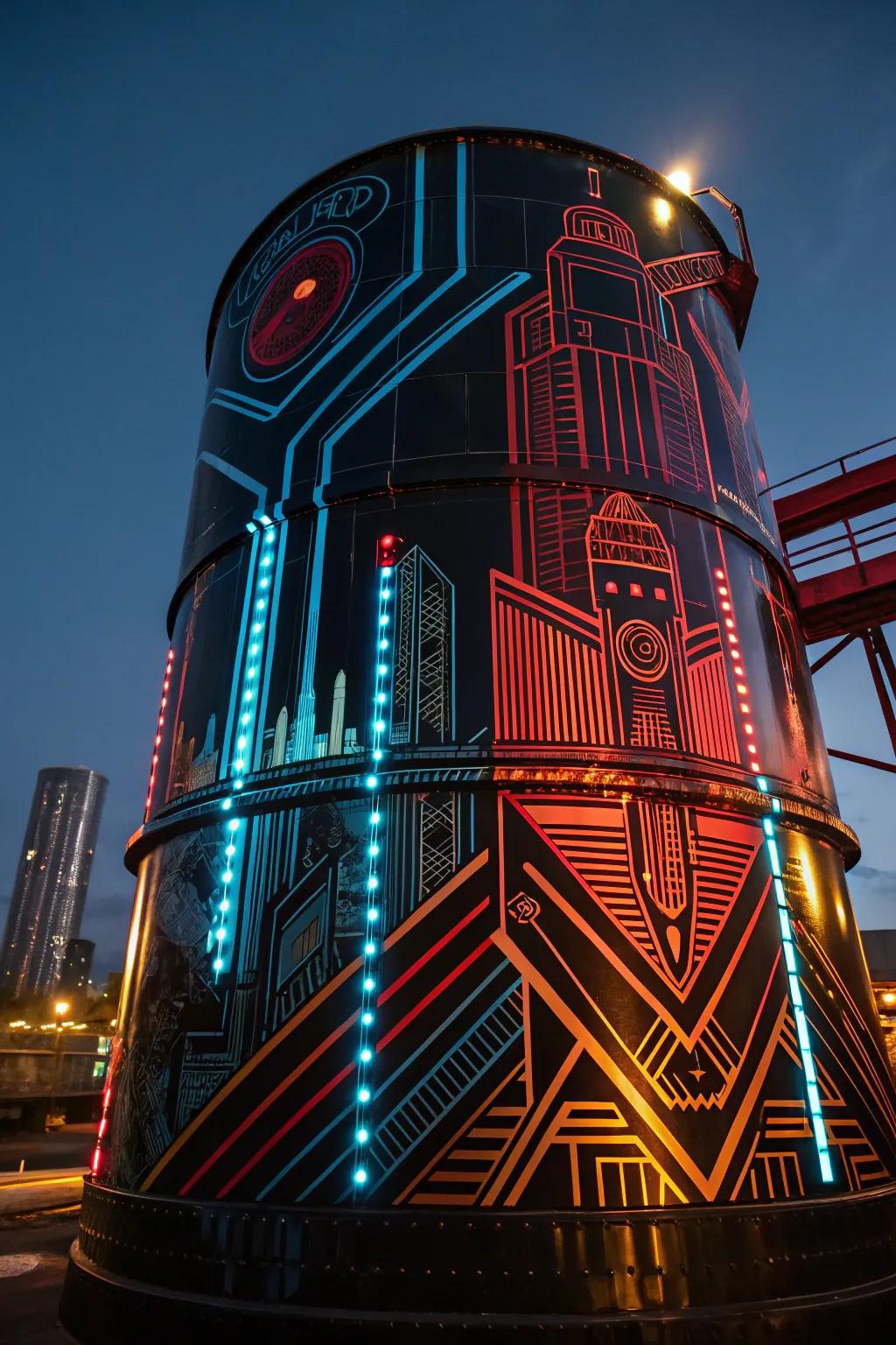 Transform your water container into a sci-fi masterpiece using bold, futuristic patterns and metallic tones.