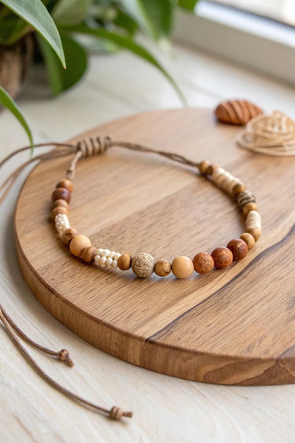 Value the allure of the outdoors with this handmade cord bracelet, showcasing earthy lumber beads for a hint of bohemian sophistication.