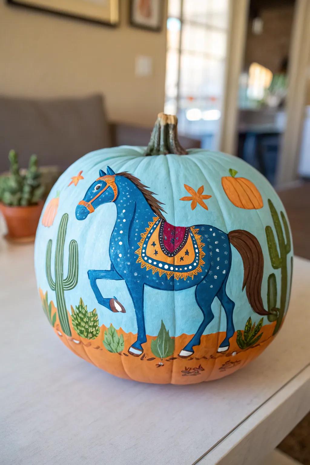 Seize the character of the untamed with this impressive painted pumpkin, blending minimalist allure with bohemian panache.