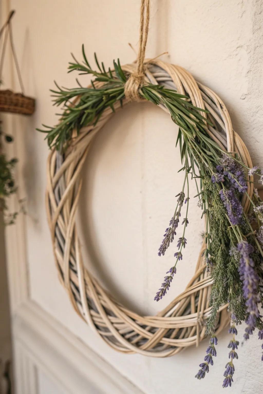 Add a touch of herb-infused elegance to your home with this charming wicker wreath.