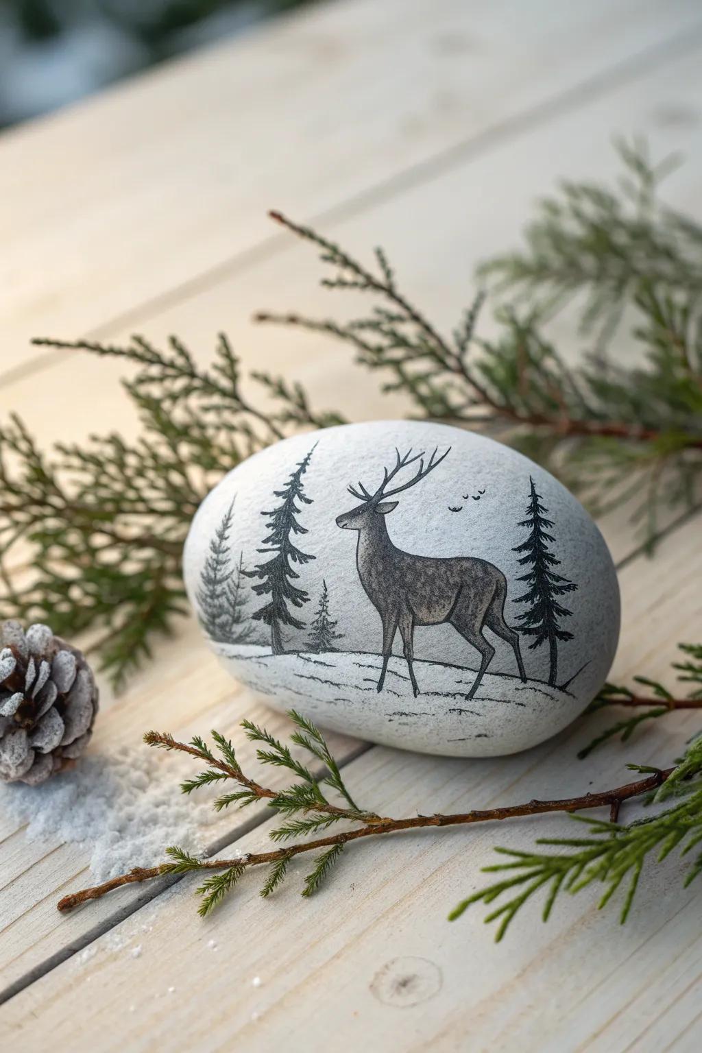 Capture the enchantment of winter wildlife with a minimalist deer painting on a rock, perfect for adding a touch of wonder to your decor.
