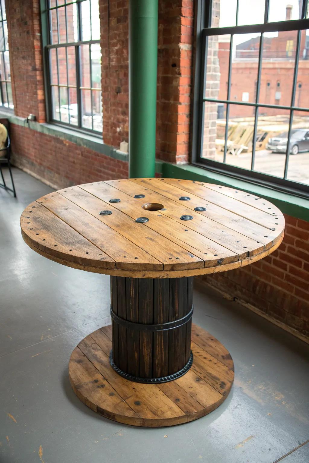Transform urban spaces with industrial charm: a bold wire spool dining table.