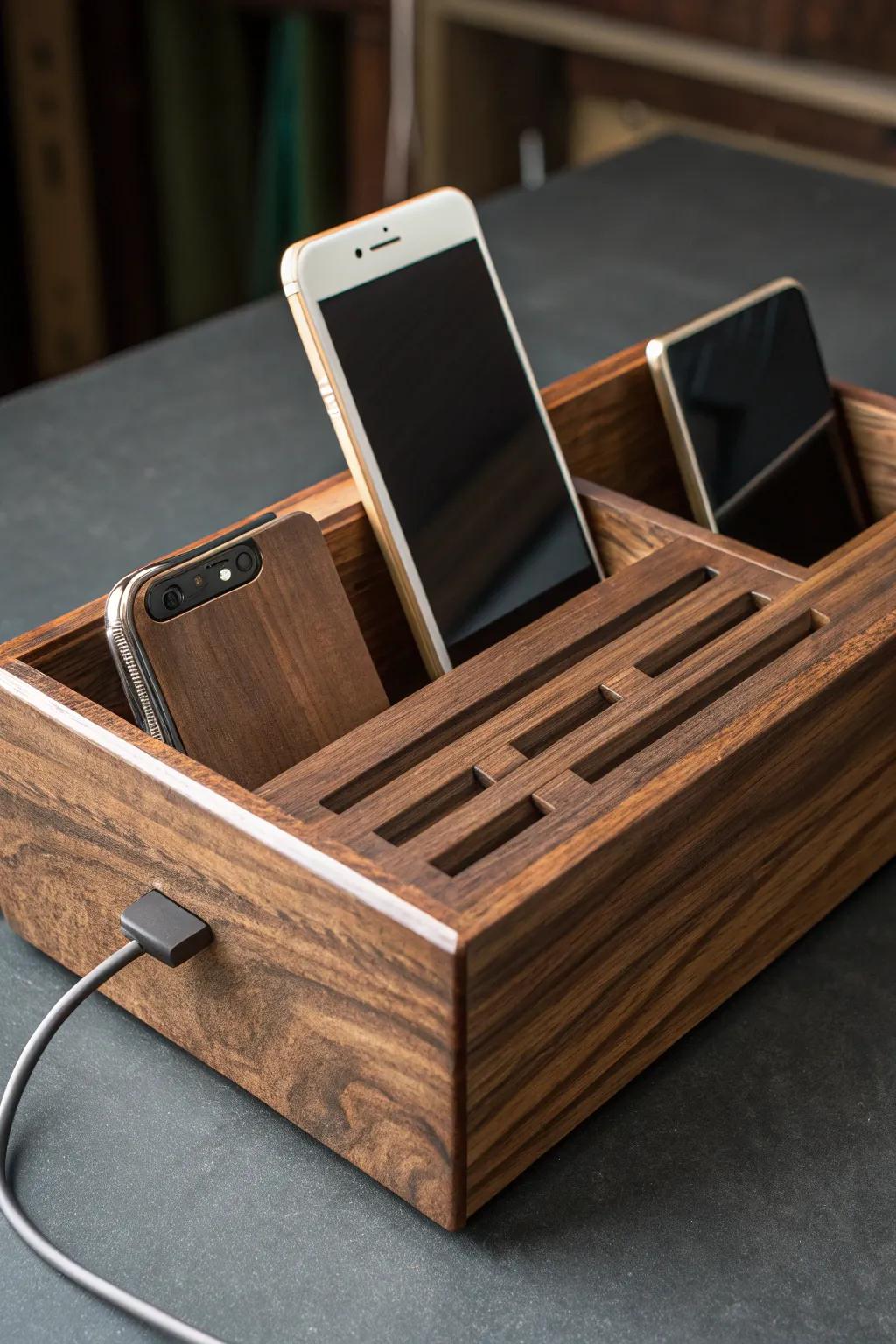 Streamline your tech organization with this stunning wood docking station, where craftsmanship meets functionality.