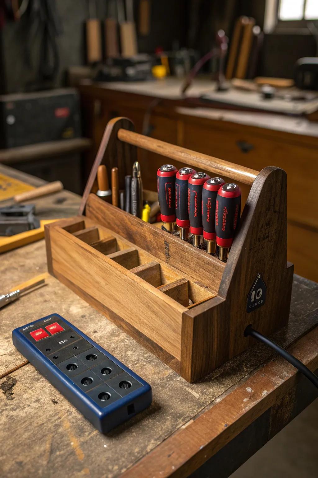 Transform your workspace with this elegant tool caddy and power strip combo—where craftsmanship meets functionality.