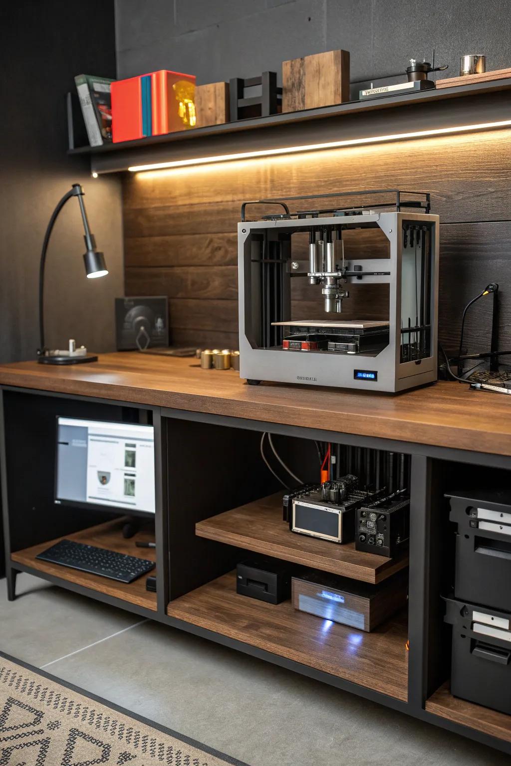 Maximize your workspace with a hidden digital fabrication station beneath your desk. Style meets functionality.