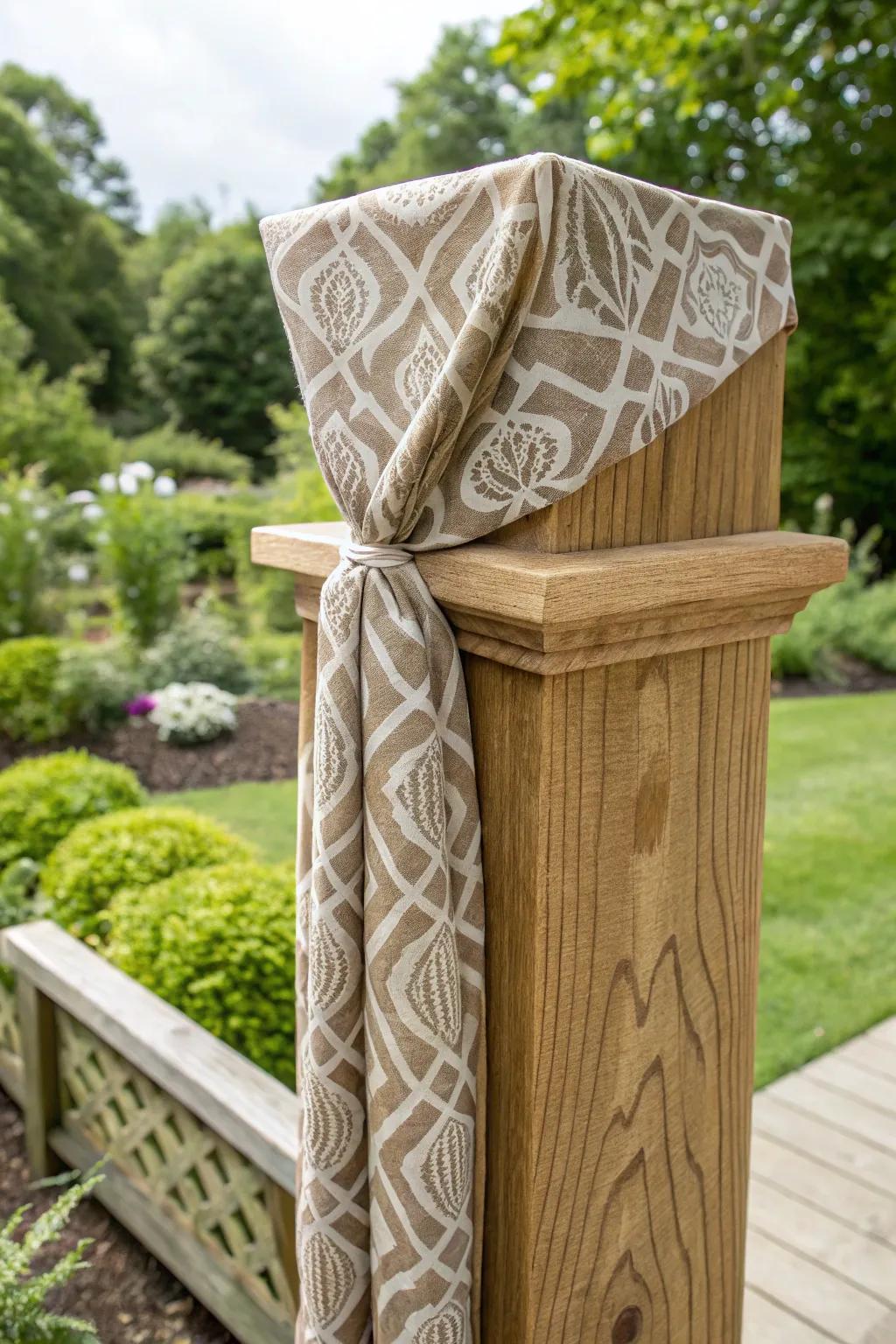 Transform your outdoor area with stylish material-wrapped posts for a touch of elegance throughout the seasons.