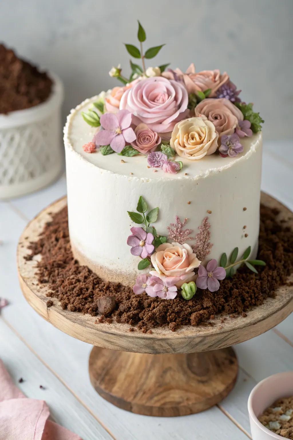 Delight in the artistry of simplicity exhibited within this eatable garden cake creation—where minimalism converges with whimsy.
