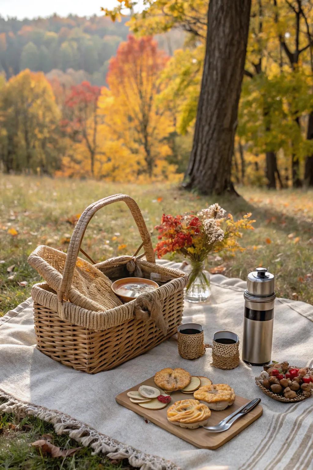 Embrace the beauty of fall with a cozy seasonal picnic under a canopy of colorful leaves. 🍂🍎