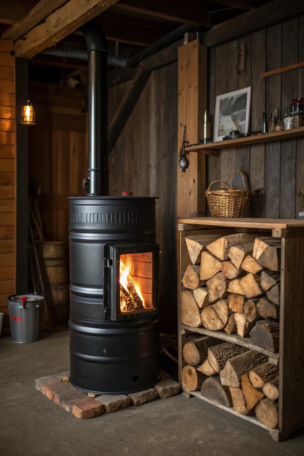 Retain warmth and orderliness through this dashing cask heater showcasing integrated kindling storage. Ideal for your workshop!