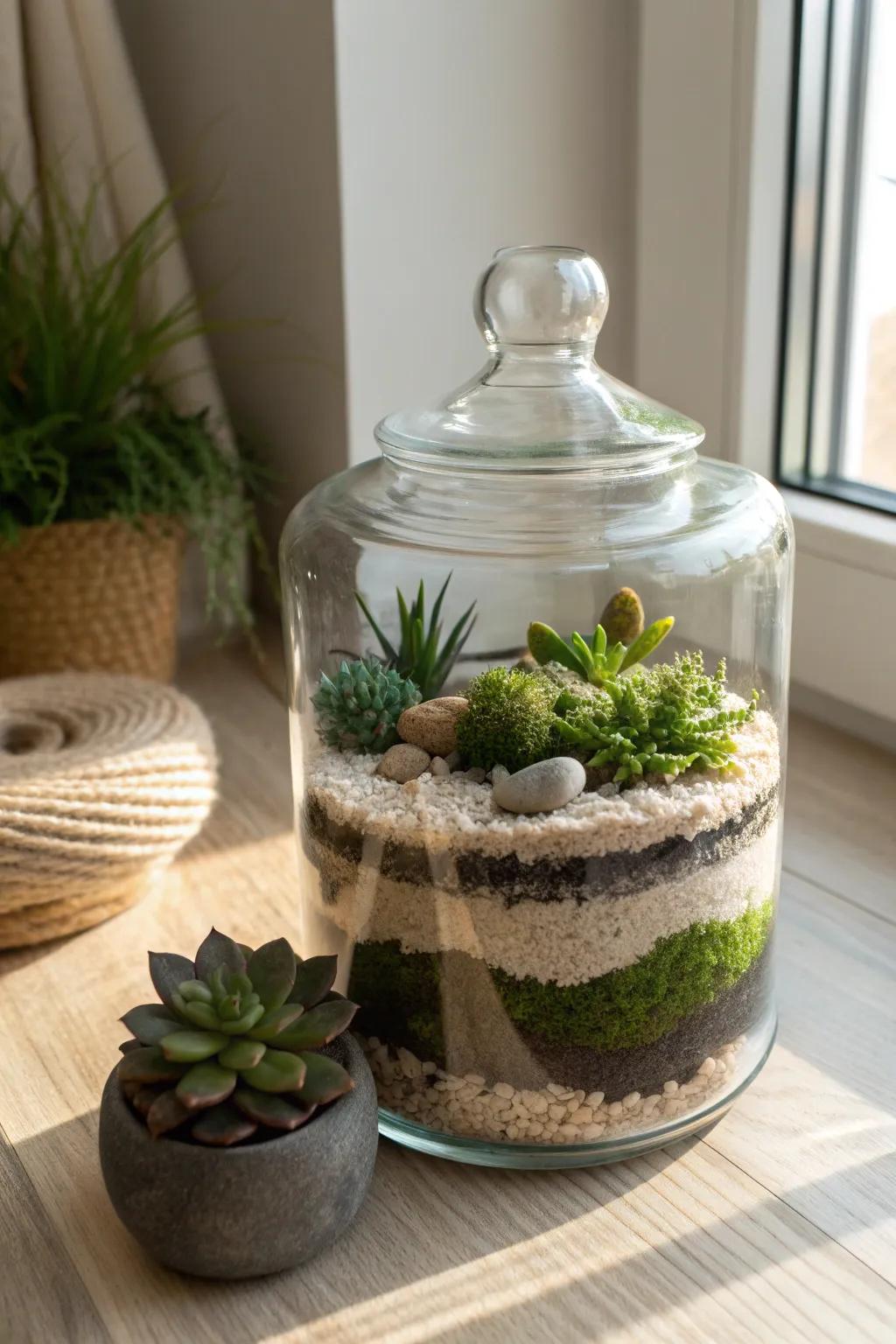 Transform a simple glass jar into a stunning terrarium, bringing the serene beauty of nature indoors.
