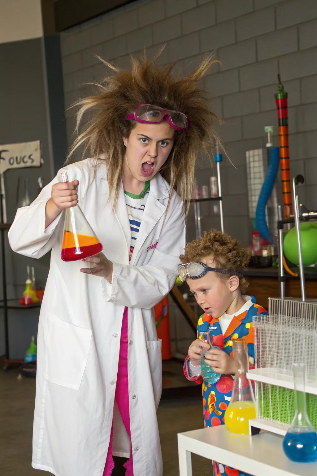 A quirky and playful pairing of zany scientist and experiment.