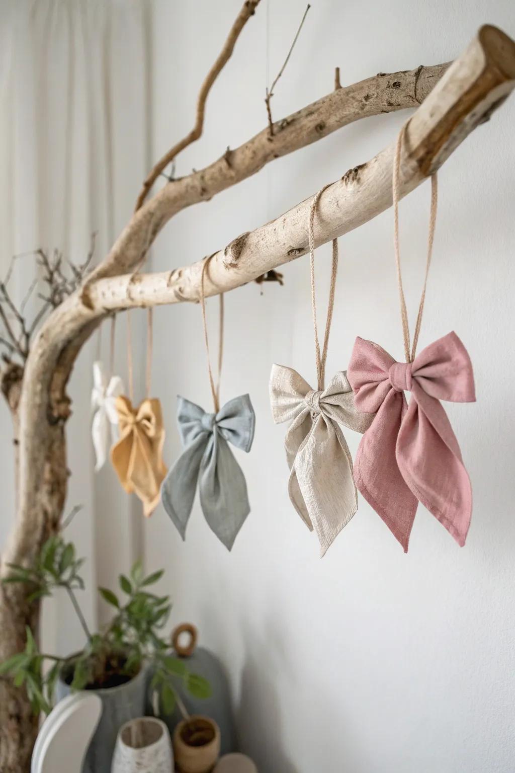 Embrace nature’s charm with a rustic branch hanger, turning your ribbon collection into a tranquil forest display.