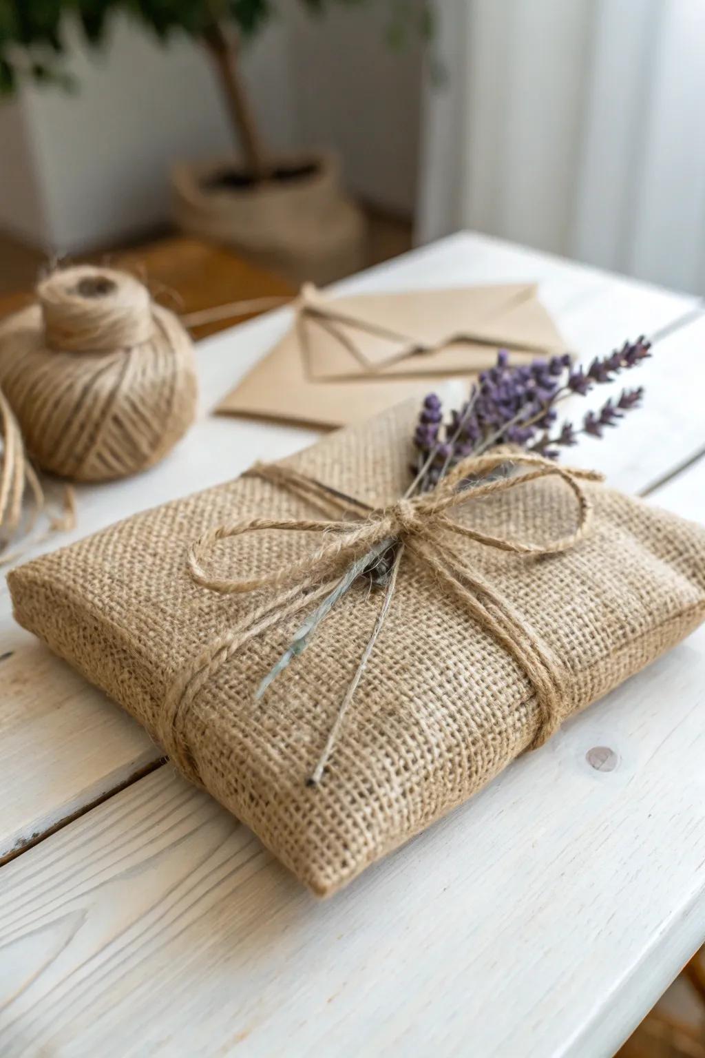 Adorn your bridal shower presents in countryside elegance with hessian and twine for a hint of natural charm.