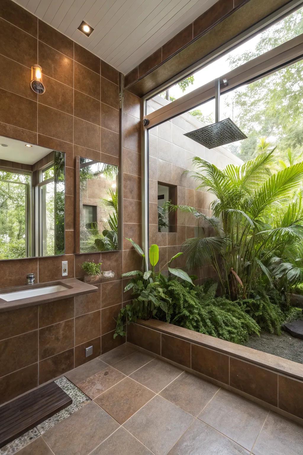 Reflectors and verdure heighten the organic appeal of chocolate tile showers.