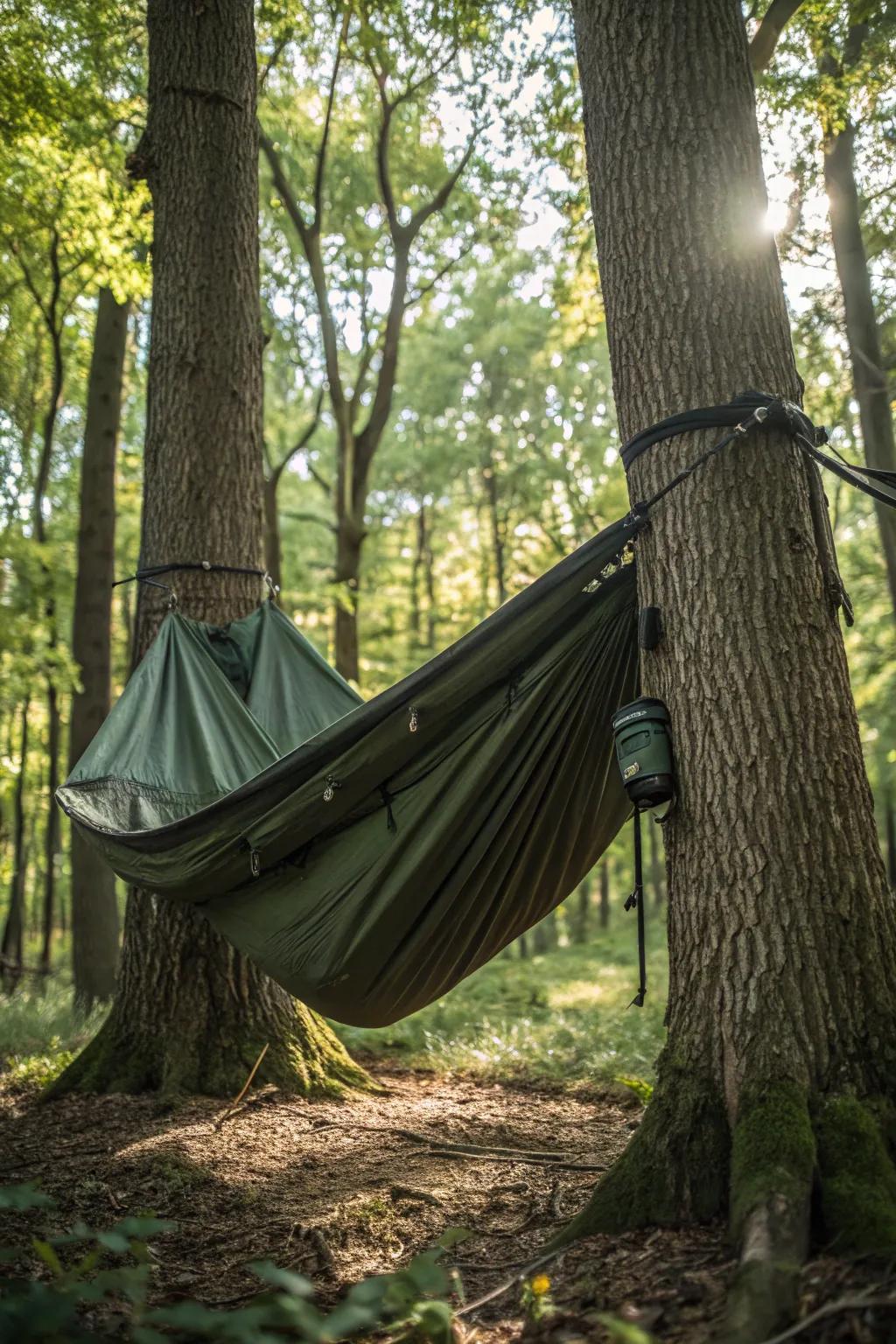 Connect with nature's embrace using a perfectly hung suspended bed beneath the stars.