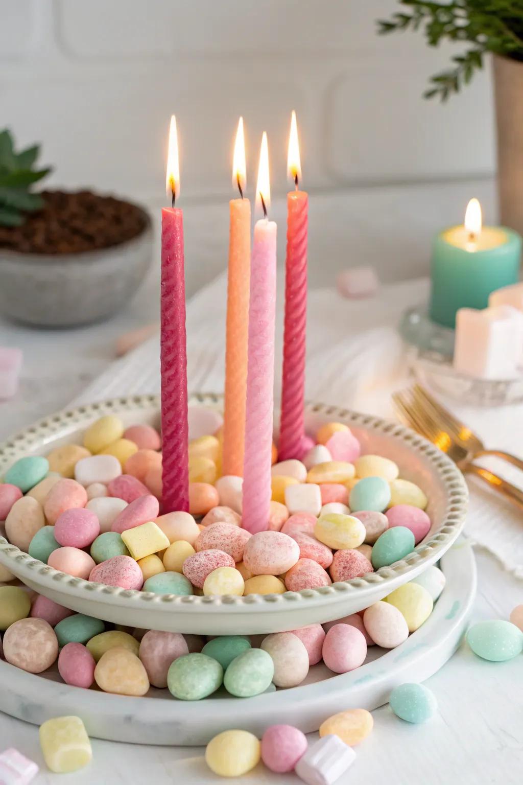 Lights and sweets fashion a warm centerpiece.