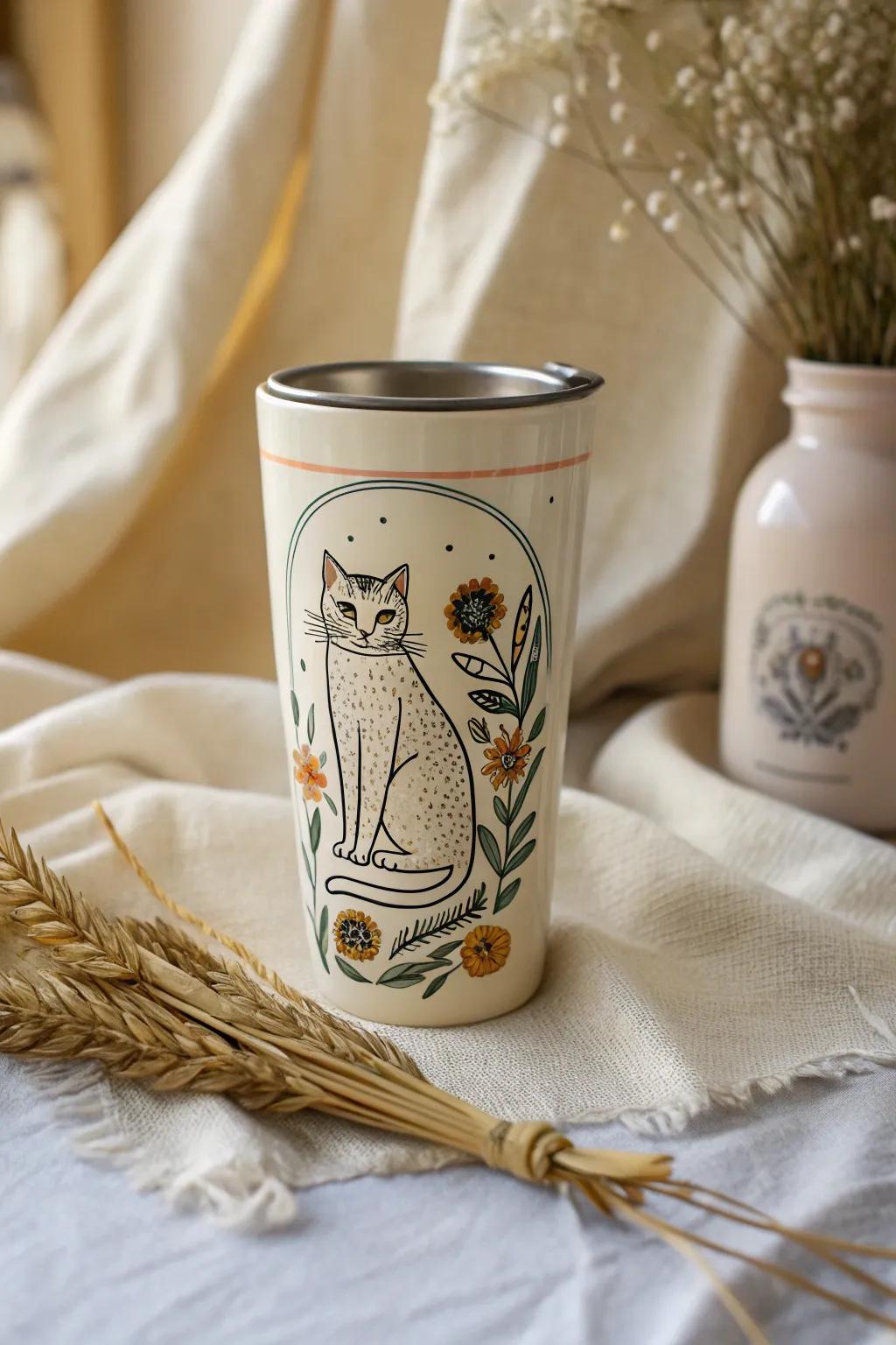 Sip in style with a vintage-inspired cat tumbler, where timeless charm meets minimalist design.