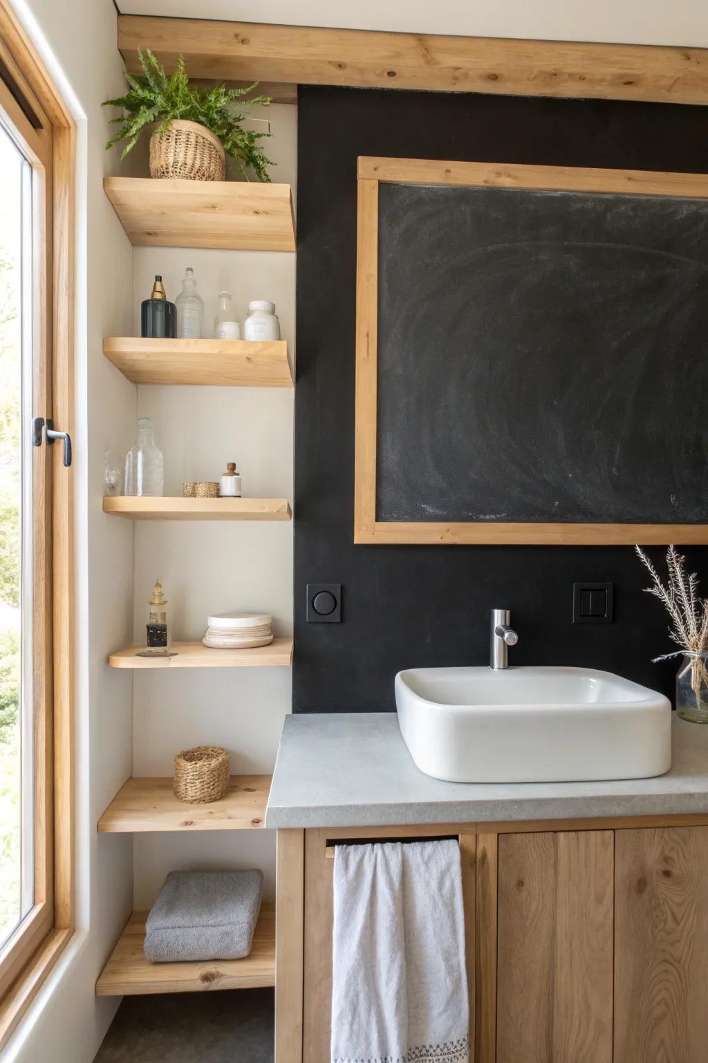 Improve your bathroom with a chic chalkboard backsplash—where creativity meets simplicity.