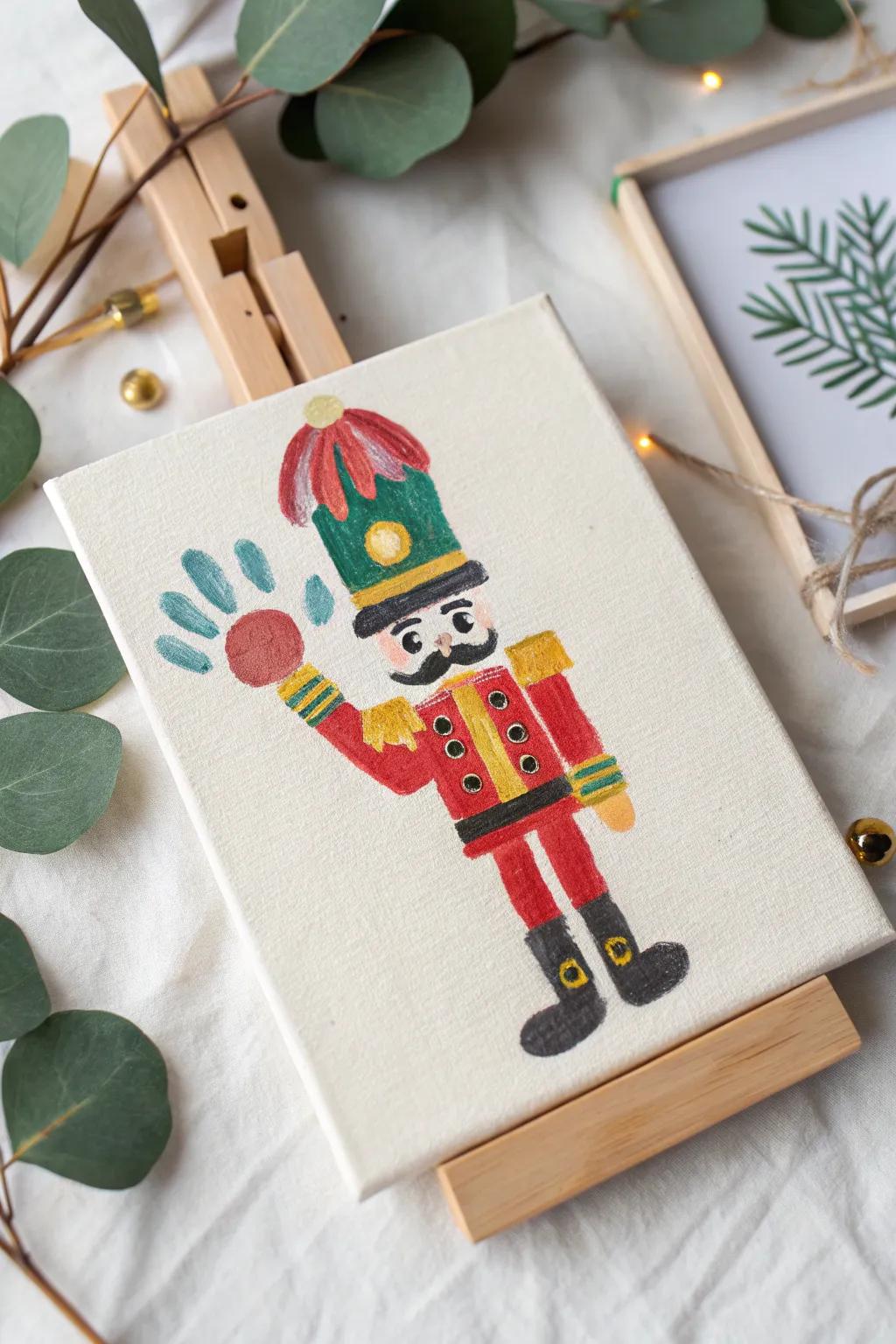 Transform your handprint into a charming nutcracker soldier, perfect for adding a touch of festive elegance to your holiday decor.