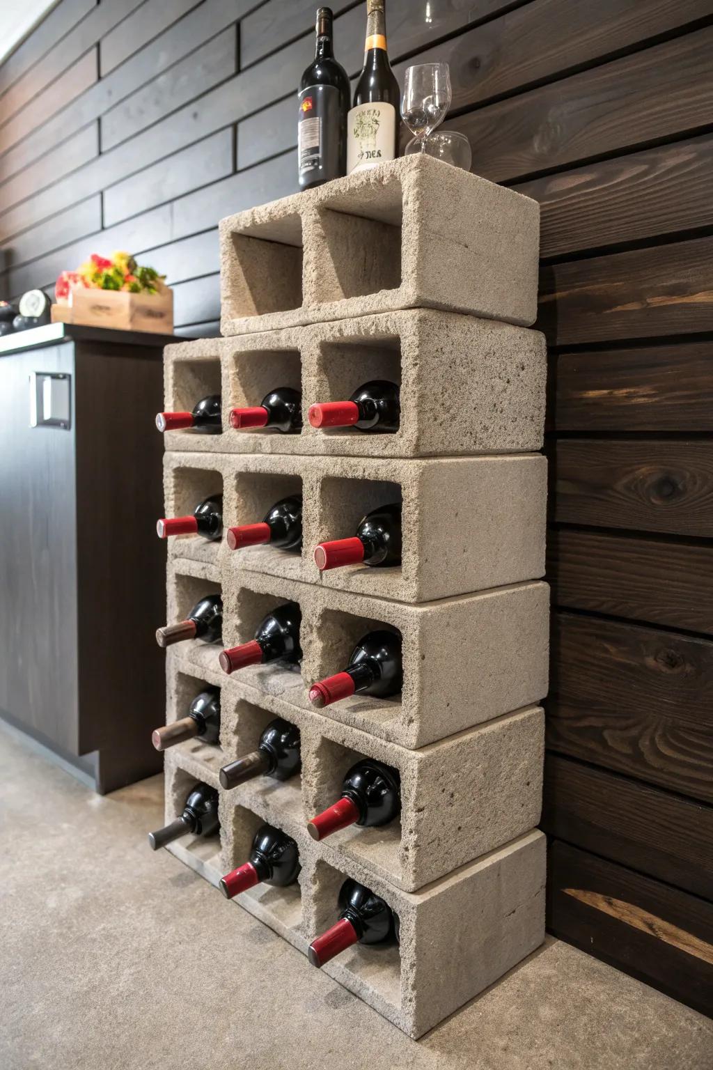 Revamp your area with this chic concrete block wine rack—where rustic harmonizes with elegance.
